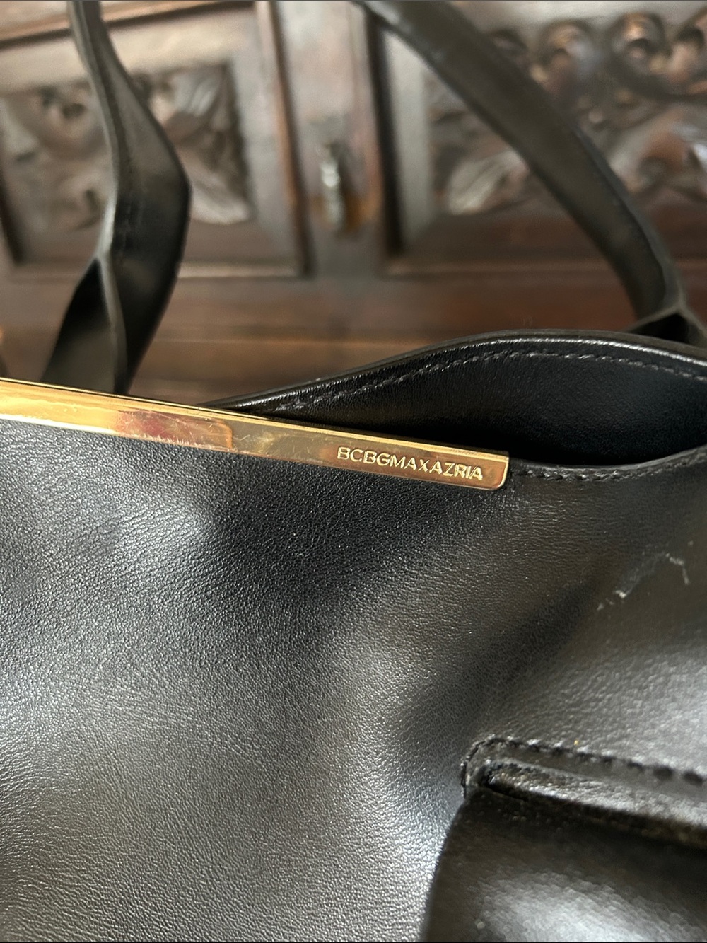 BCBGMaxAzria Black Leather Double-Handle Tote with Gold Accent - Picture 8 of 11